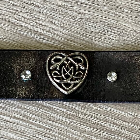 HEART - CELTIC - GENUINE LEATHER CUFF w/ 2 Swarovski Crystals- HANDMADE "USA" - Picture 2 of 5